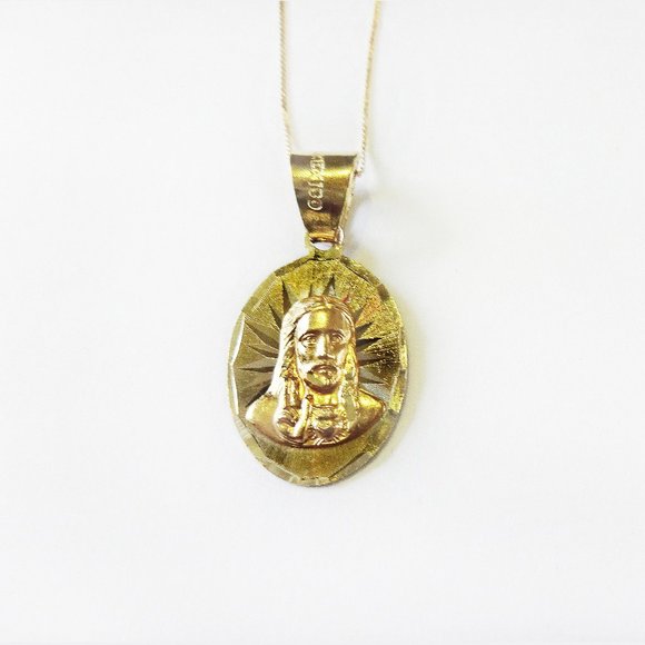 14k Solid Gold Jesus Medallion Pendant Necklace, 14k Gold Chain - Picture 1 of 6